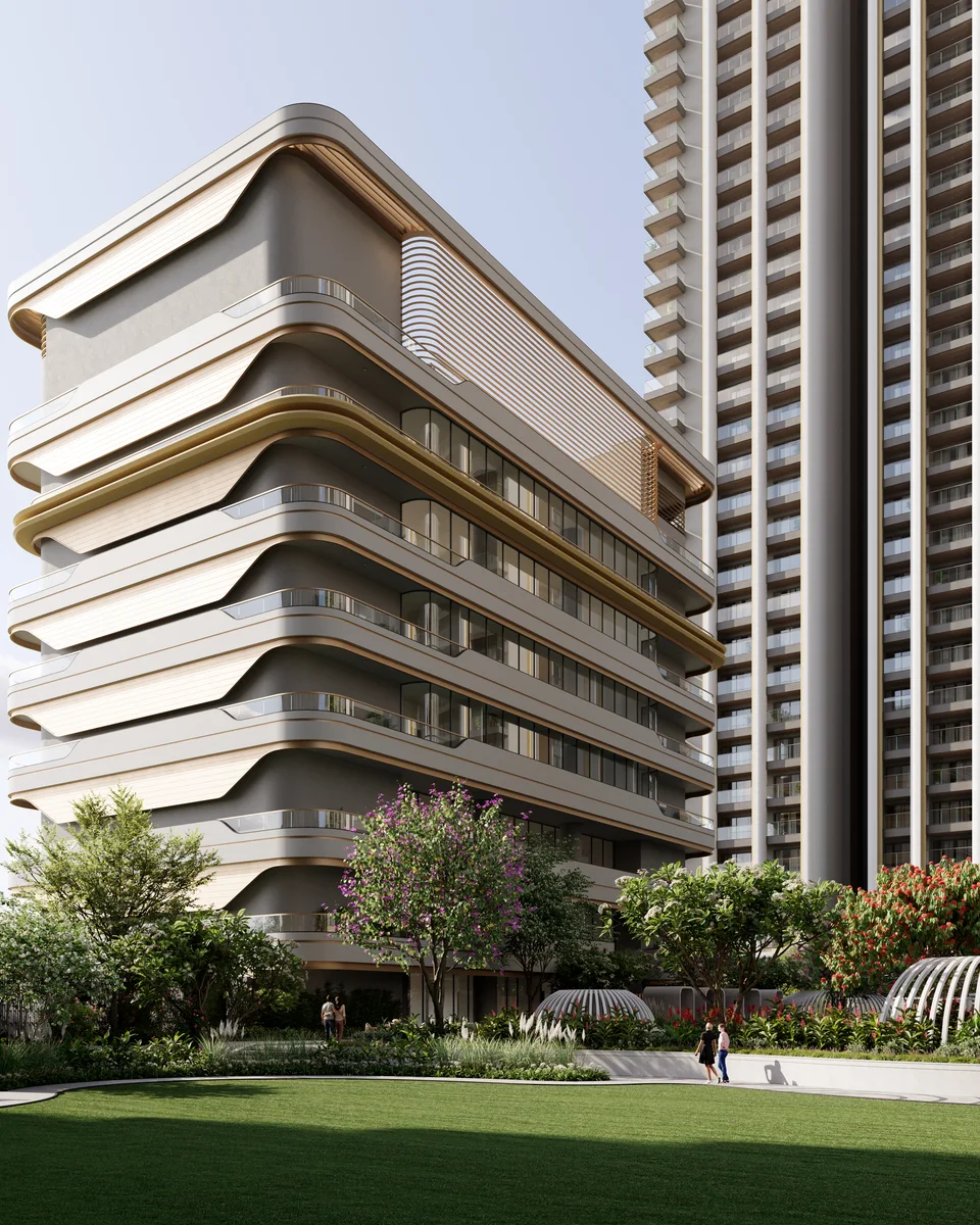 The eight-storey clubhouse, its curved terraces over the lawn — artist’s impression