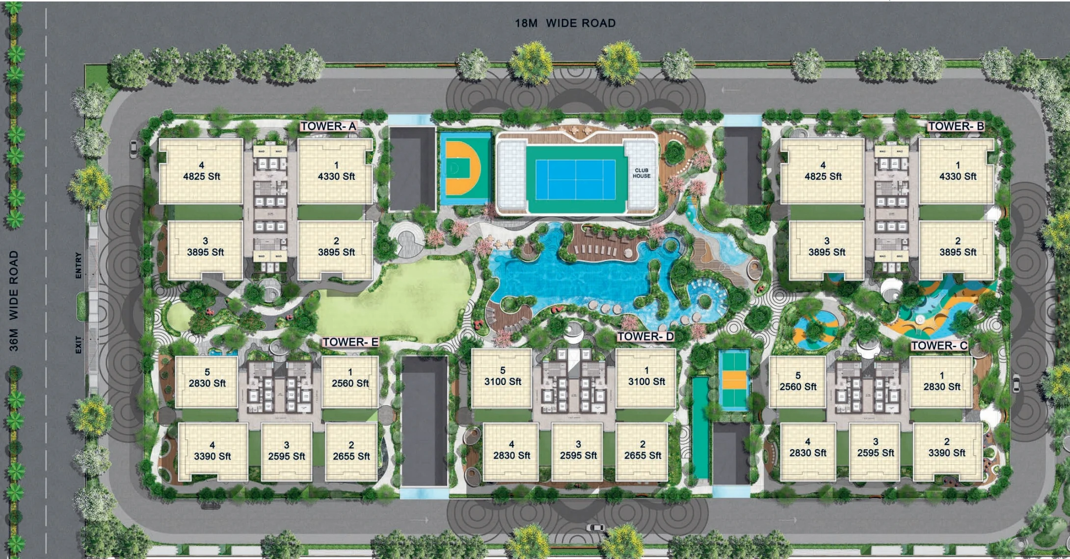 The Cascades master plan — towers A to E with unit sizes