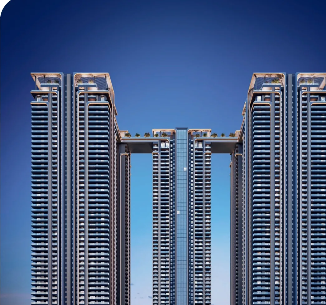 The five towers of The Cascades against a blue sky — artist’s impression