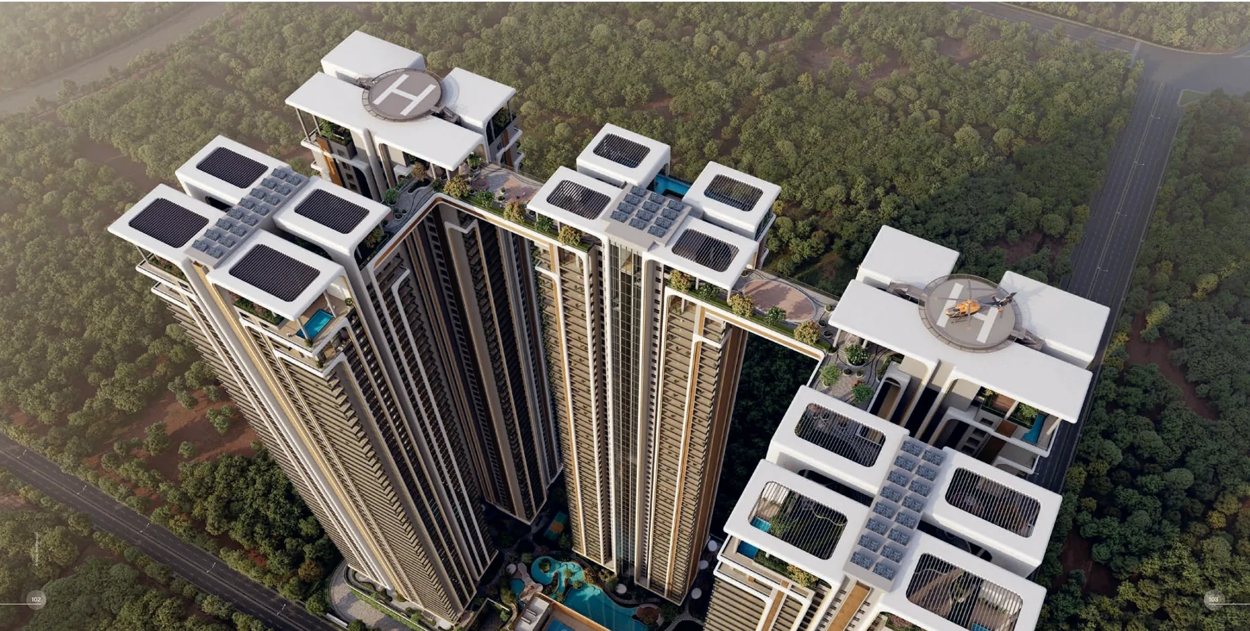 The towers from above, with the helipads on the roofs — artist’s impression