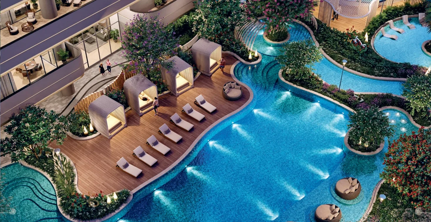 The lagoon-style pool with its floating deck and cabanas — artist’s impression