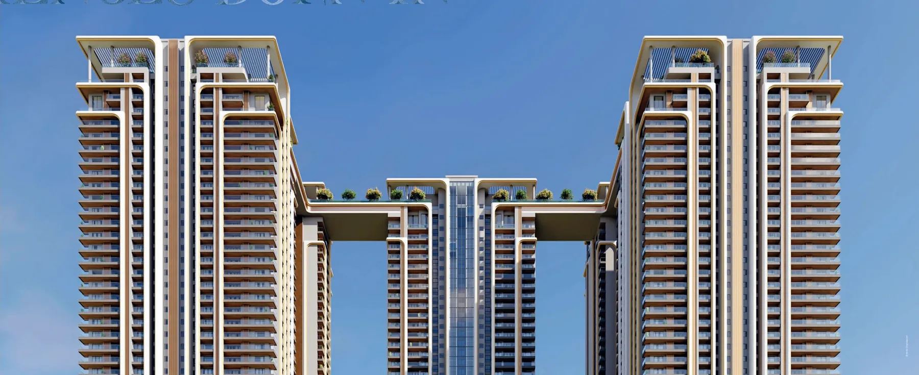 The five towers joined by the sky bridge against a blue sky — artist&rsquo;s impression