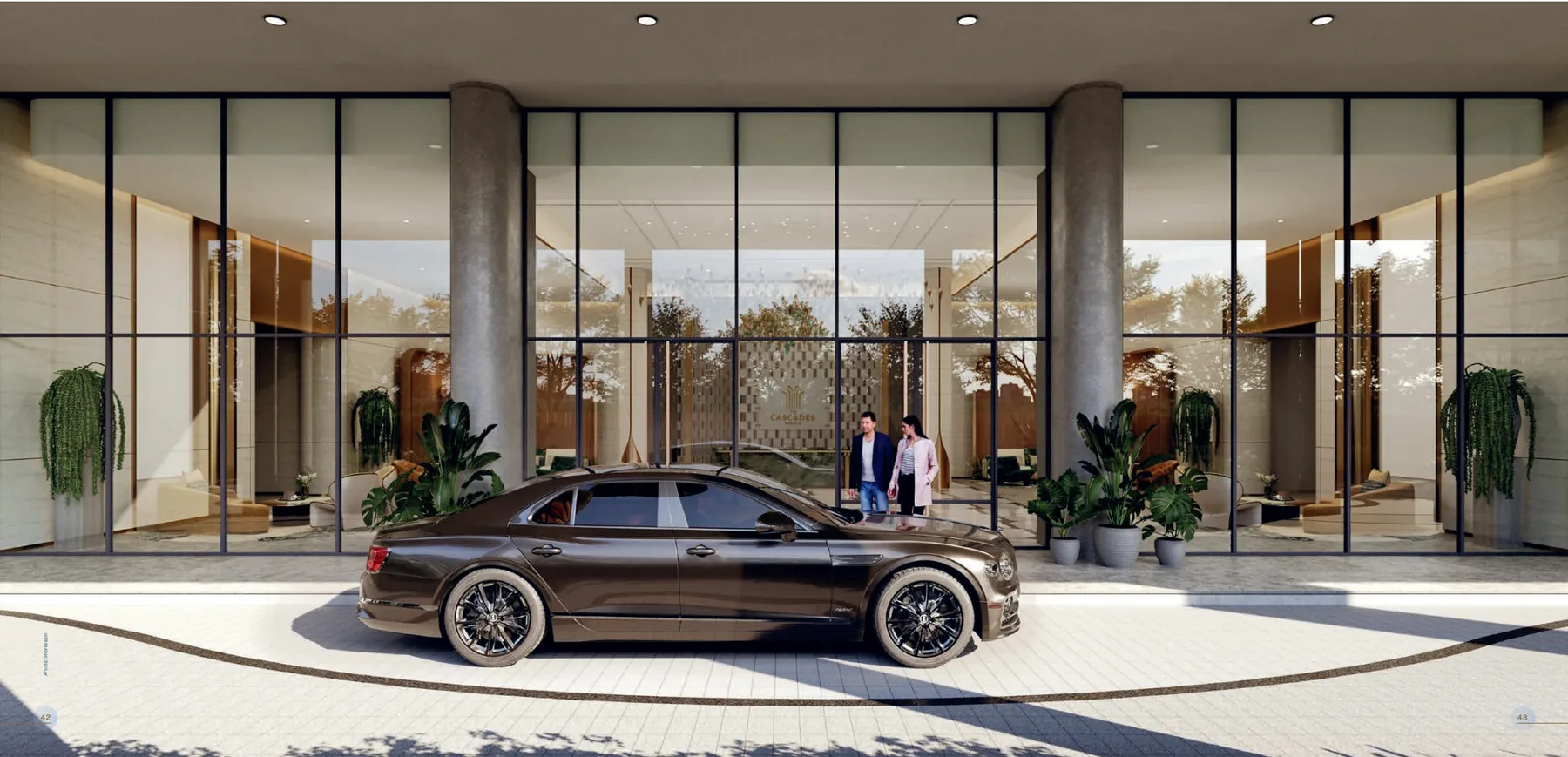 A car at the glass entrance of a grand lobby — artist’s impression