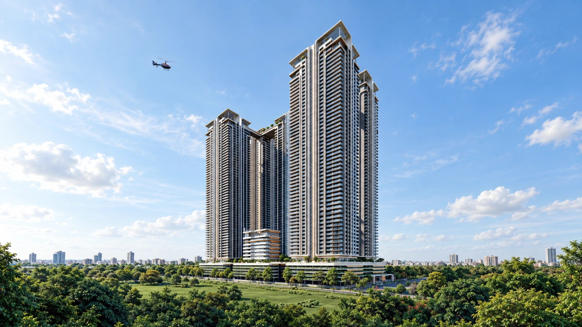 The five towers of The Cascades over the lawns, a helicopter overhead — artist's impression