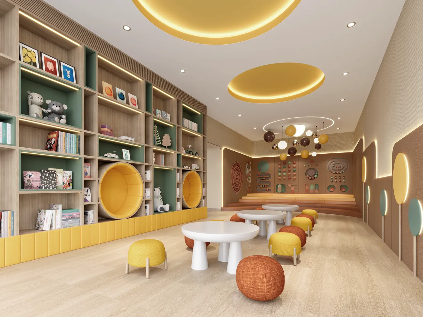The activity room, shelves of books and toys under round skylights — artist’s impression