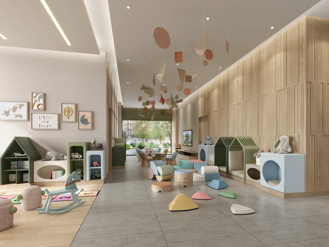 The crèche, its soft-play houses under a mobile of paper shapes — artist’s impression