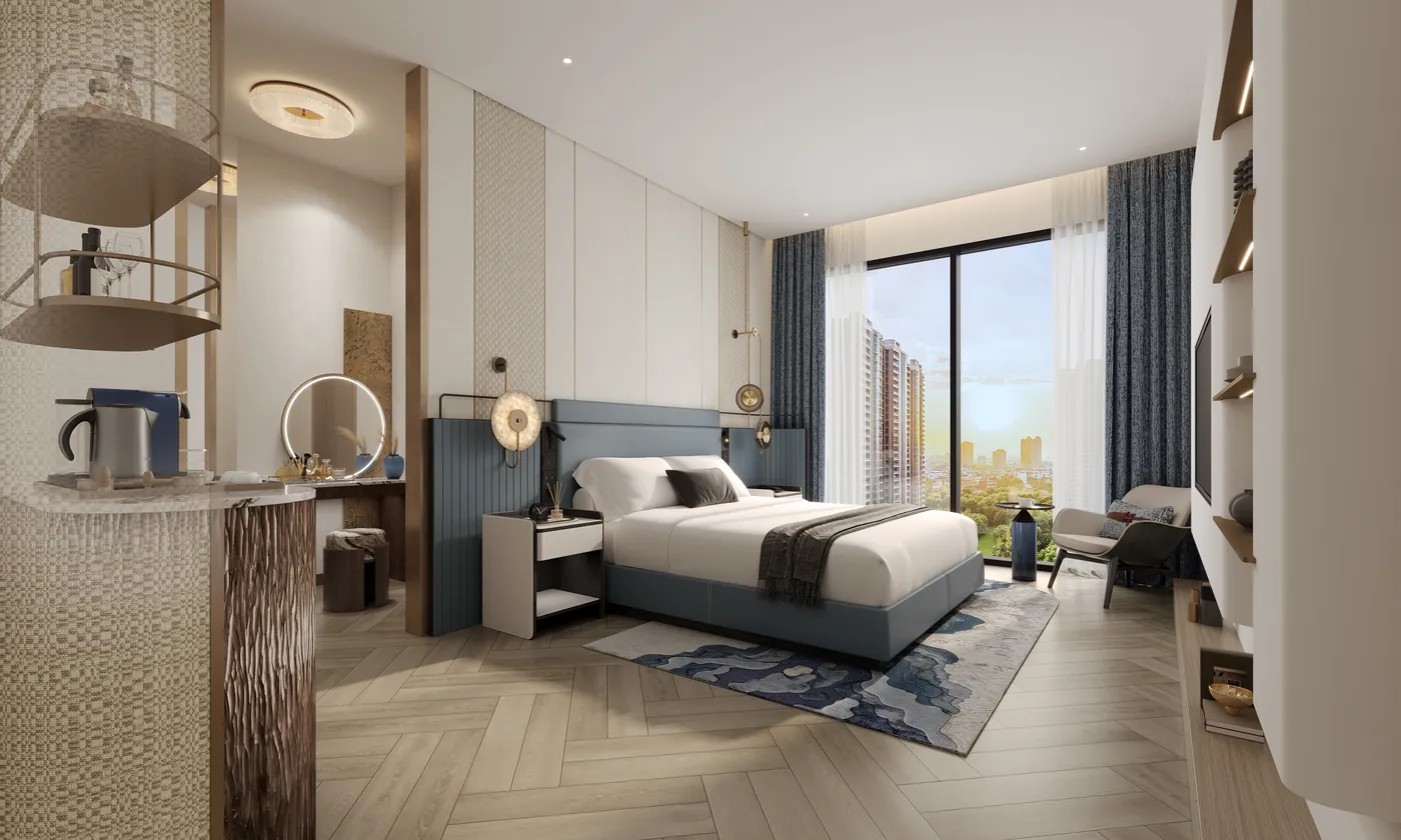 A guesthouse bedroom looking out over the city — artist’s impression