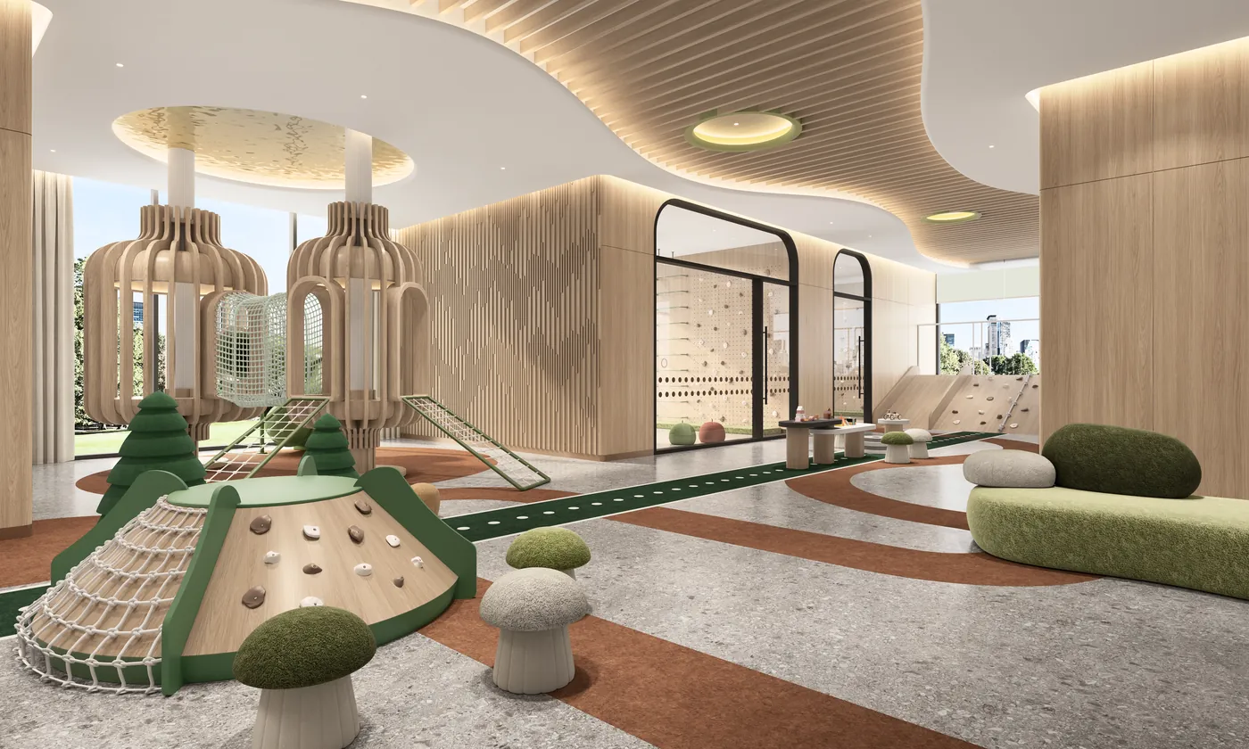 The kids’ club climbing area, its timber climbing frames and mounds — artist’s impression