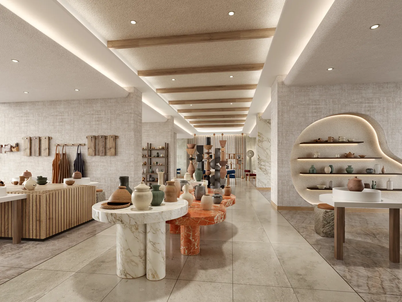 The pottery studio, its wheels and shelves of finished pieces — artist’s impression